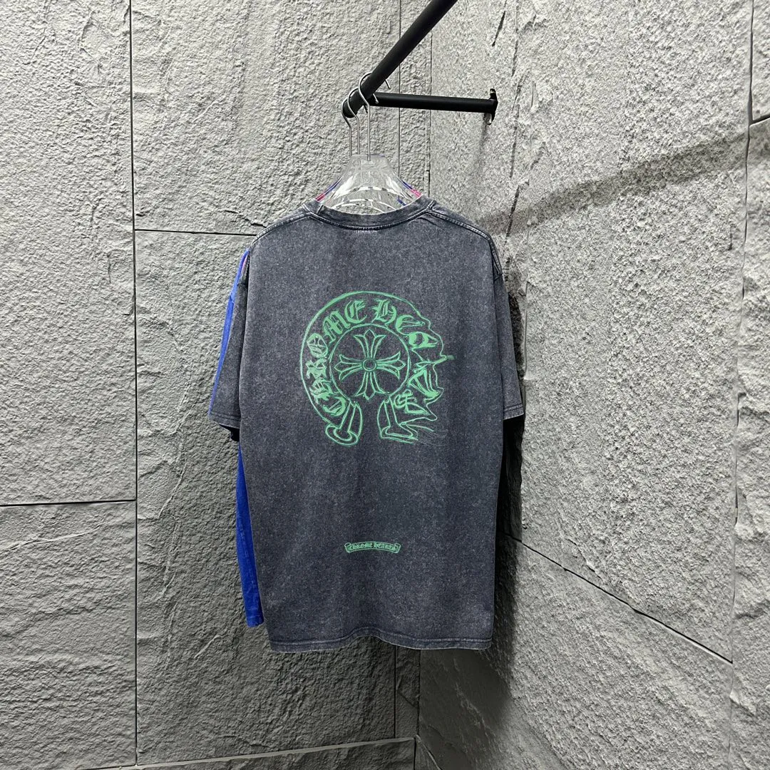 🅿️180 CH* Crow Heart* 2025 spring and summer new style Snowflake distressed washed retro round neck short sleeves Chest and front logo Horseshoe print Customized fabric Short-sleeved T-shirt Unisex Size: S M L XL XXL Color: Snowflake Black Snowflake Gray Snowflake Pink Snowflake Blue